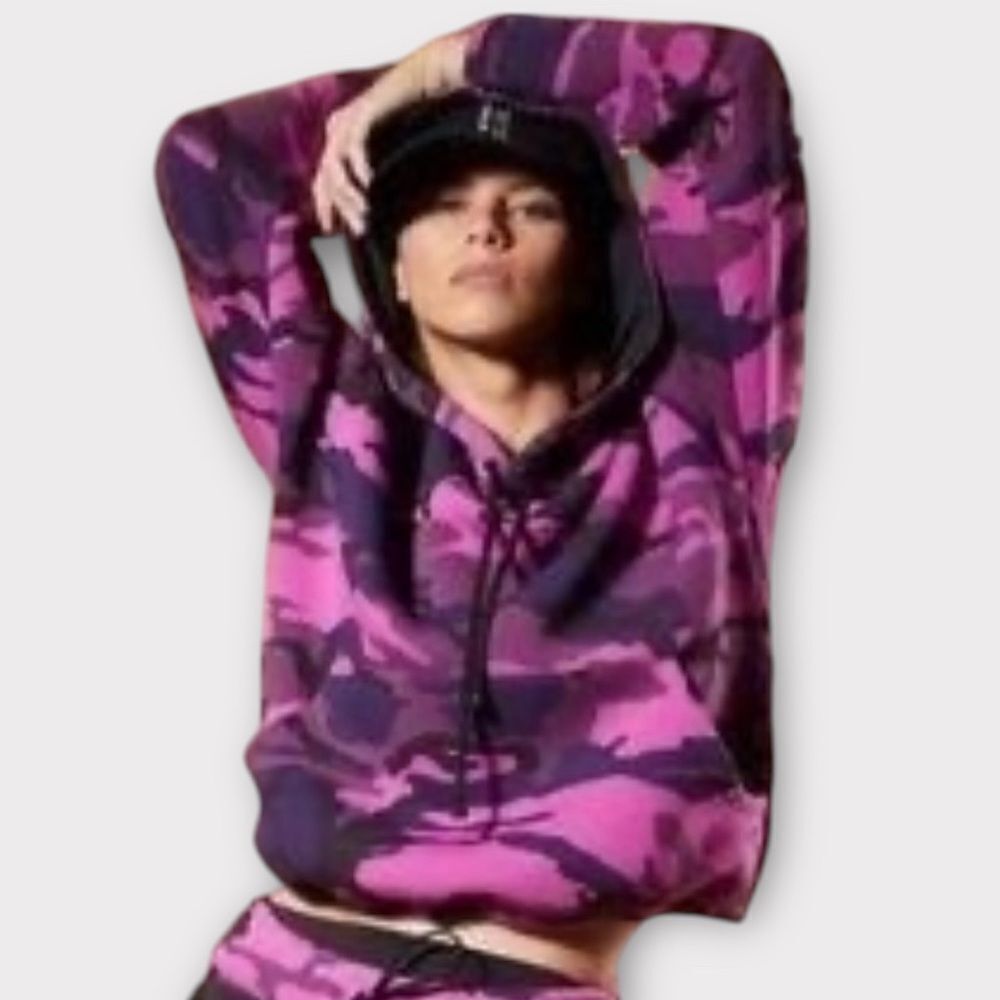 KORAL Arua Spacer Cropped Hoodie Sweatshirt in Pink/Purple Camo Size XS